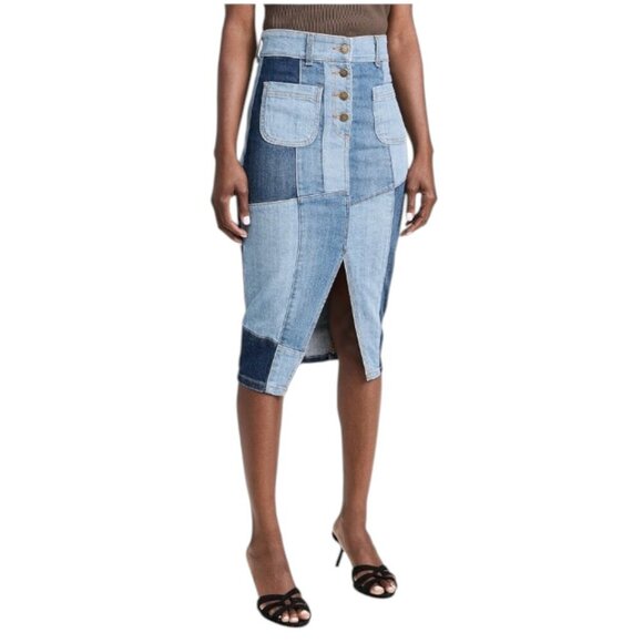 Ramy Brook Bellami Patchwork Denim Midi Skirt Size 23 - Picture 2 of 7